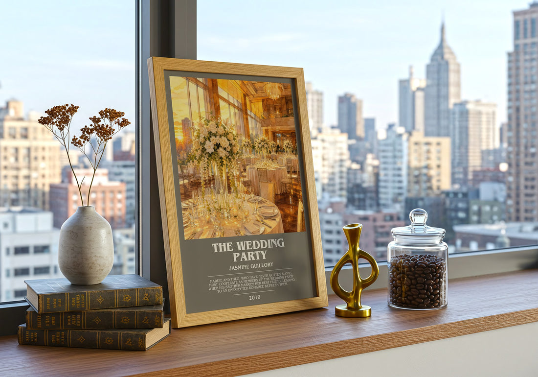 The Wedding Party bookish print framed by window – literary home decor