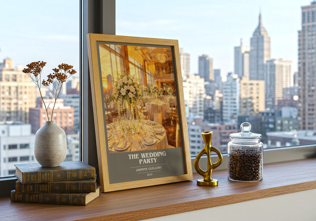 The Wedding Party book cover print framed by window – literary home decor