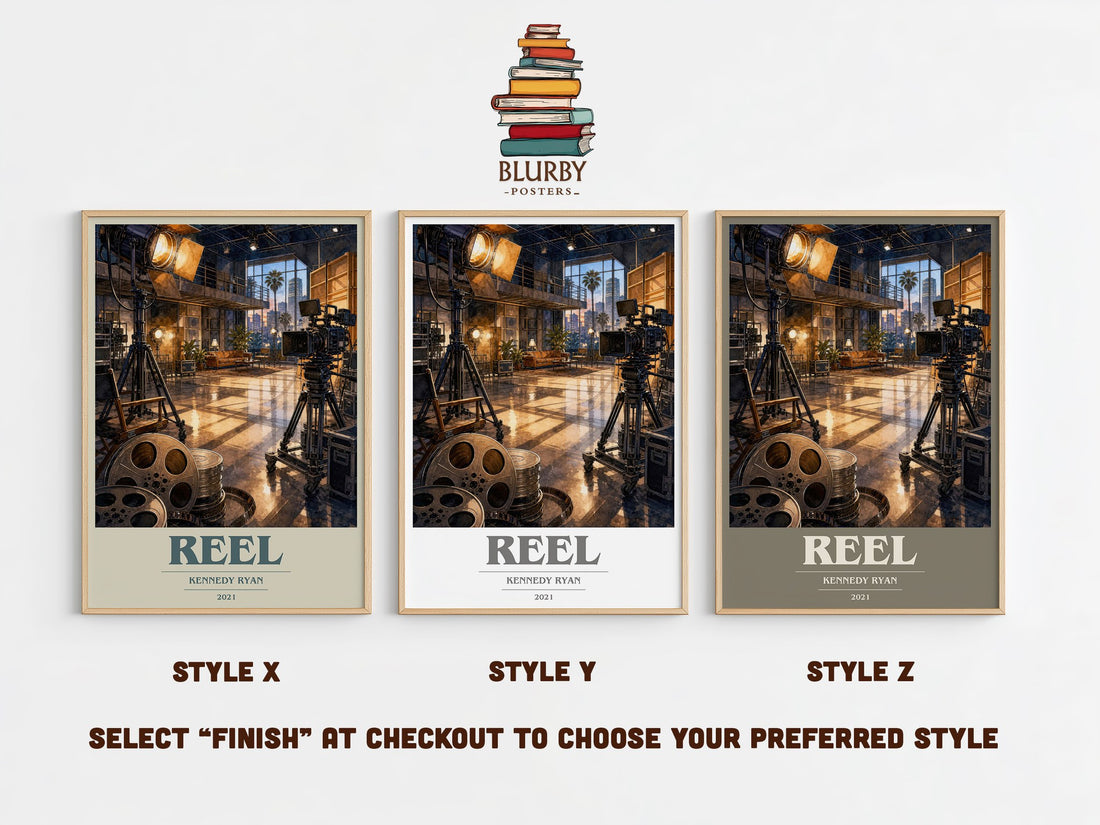 Reel book cover print in frame leaning in hallway – contemporary fiction wall art (mockup)