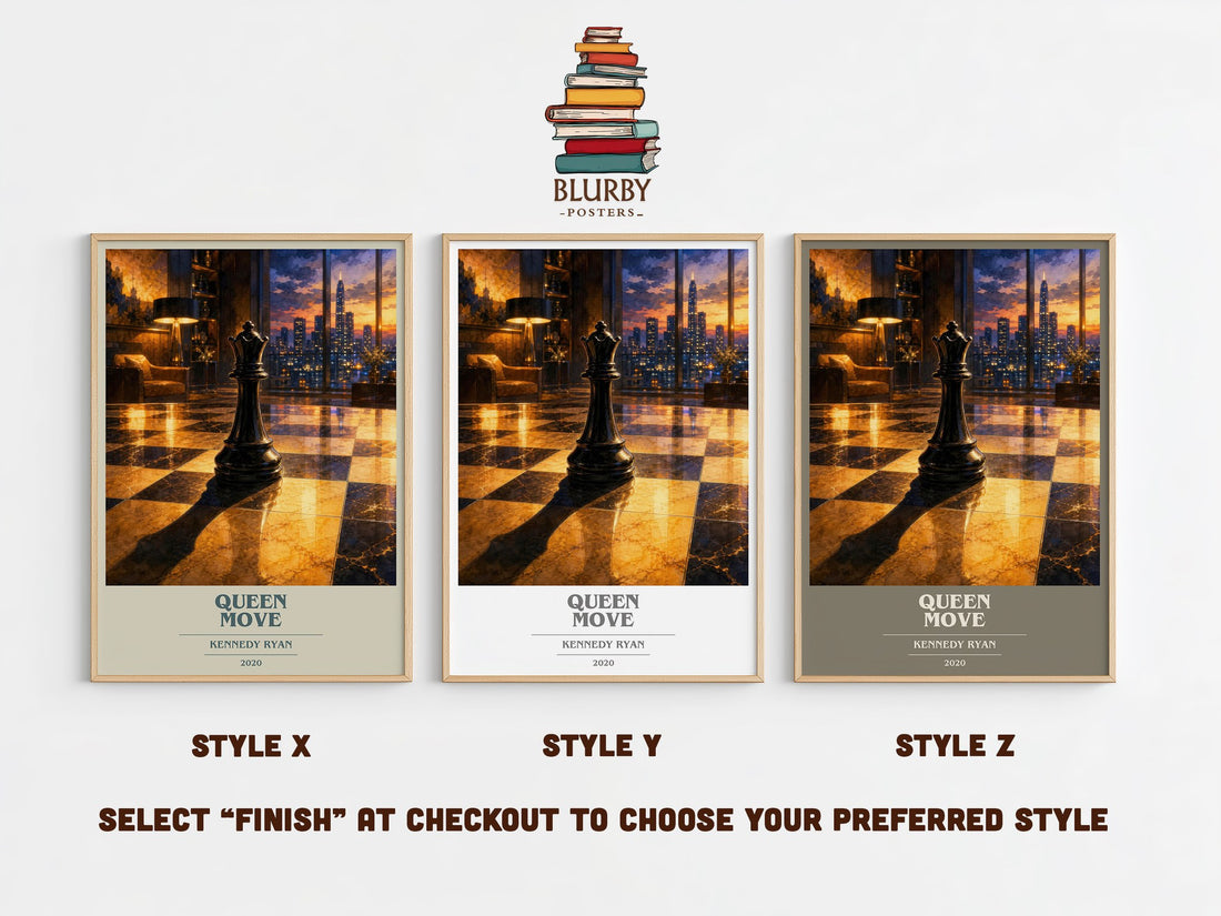Queen Move book cover print in frame leaning in hallway – romance wall art (mockup)