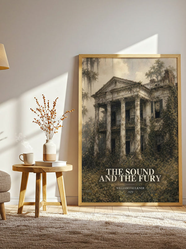 The Sound and the Fury watercolour print in frame leaning in hallway – literary fiction wall art