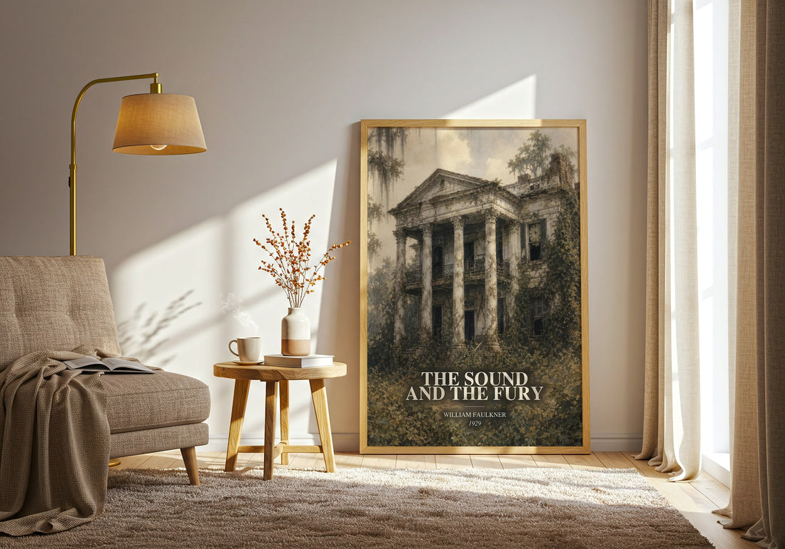 The Sound and the Fury watercolour print in frame leaning in hallway – literary fiction wall art (mockup)