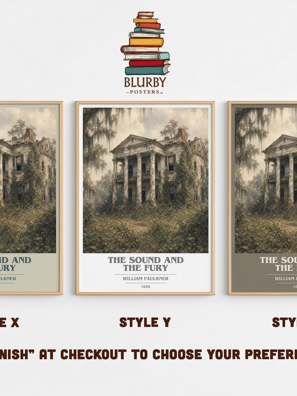 The Sound and the Fury book cover print in frame leaning in hallway – literary fiction wall art