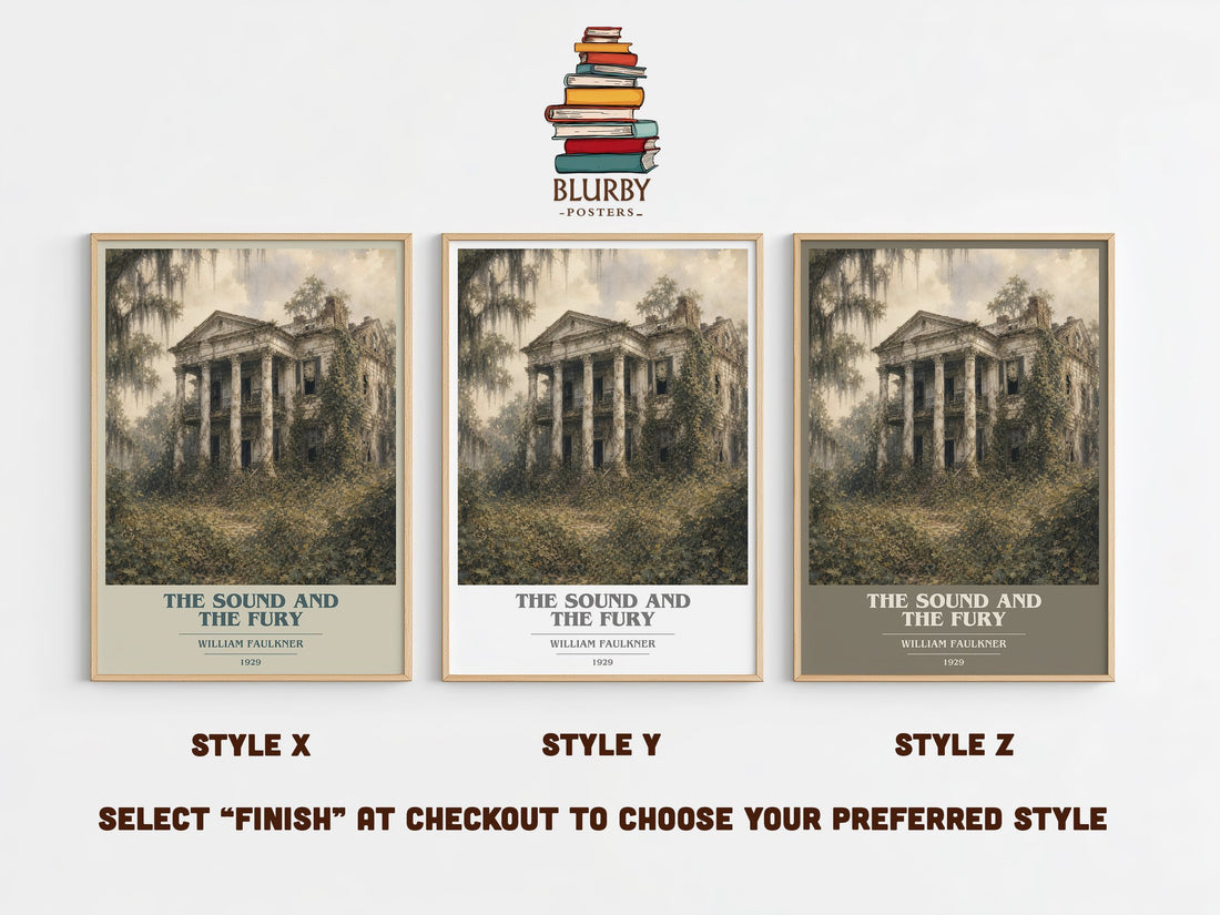 The Sound and the Fury book cover print in frame leaning in hallway – literary fiction wall art (mockup)