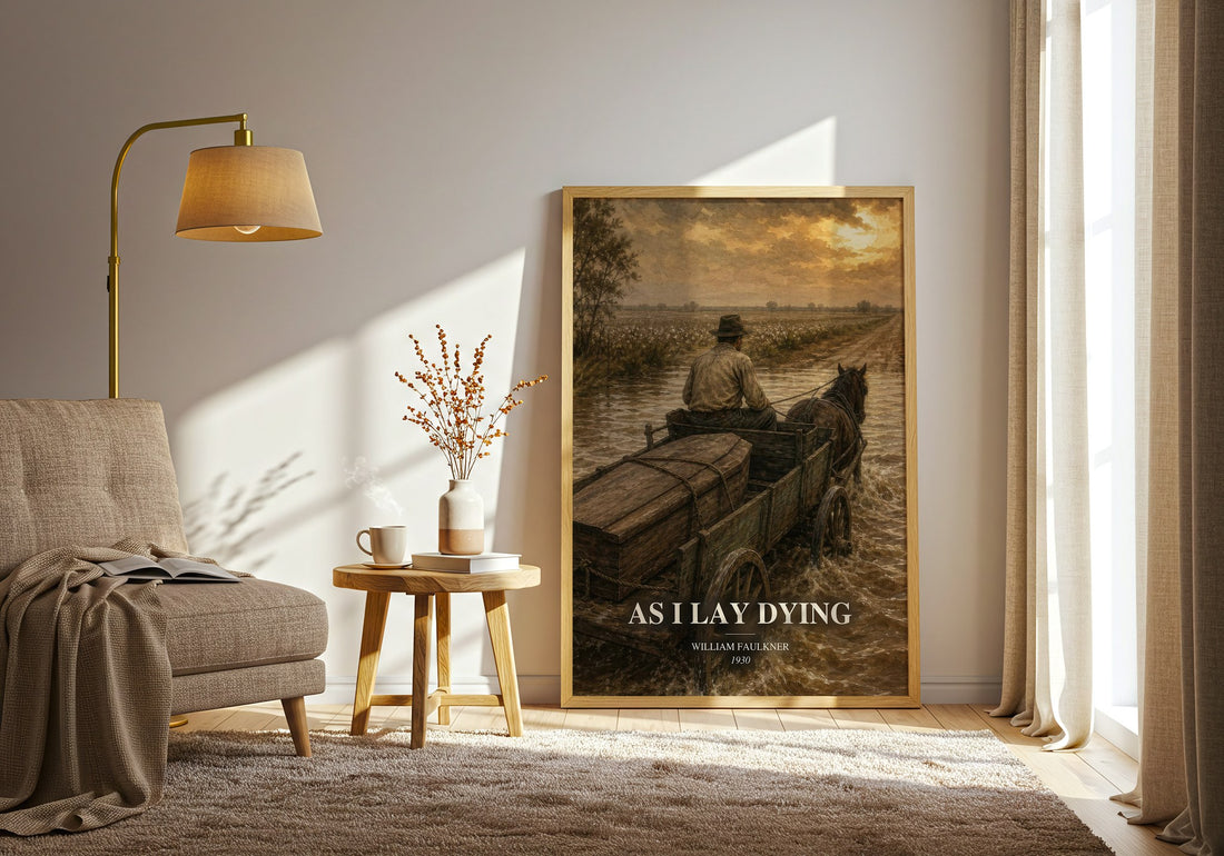 As I Lay Dying watercolour print in frame leaning in hallway – literary fiction wall art (mockup)