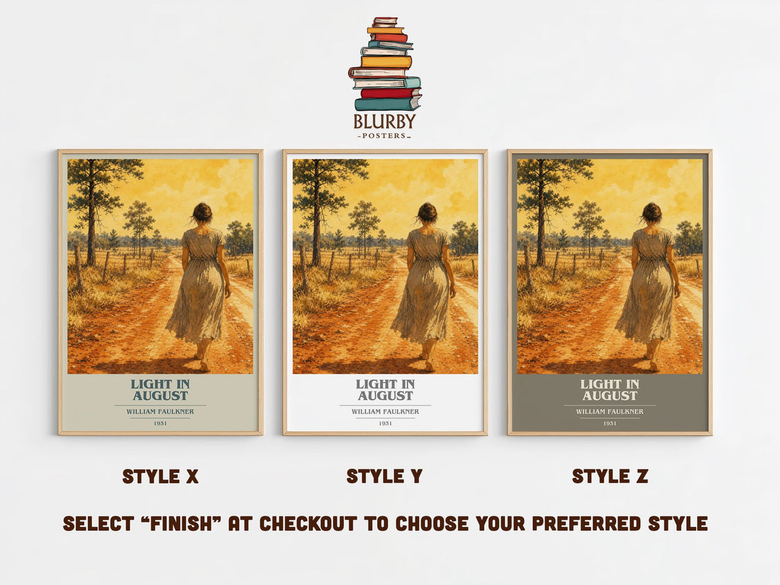 Light in August book cover print in frame leaning in hallway – literary fiction wall art (mockup)