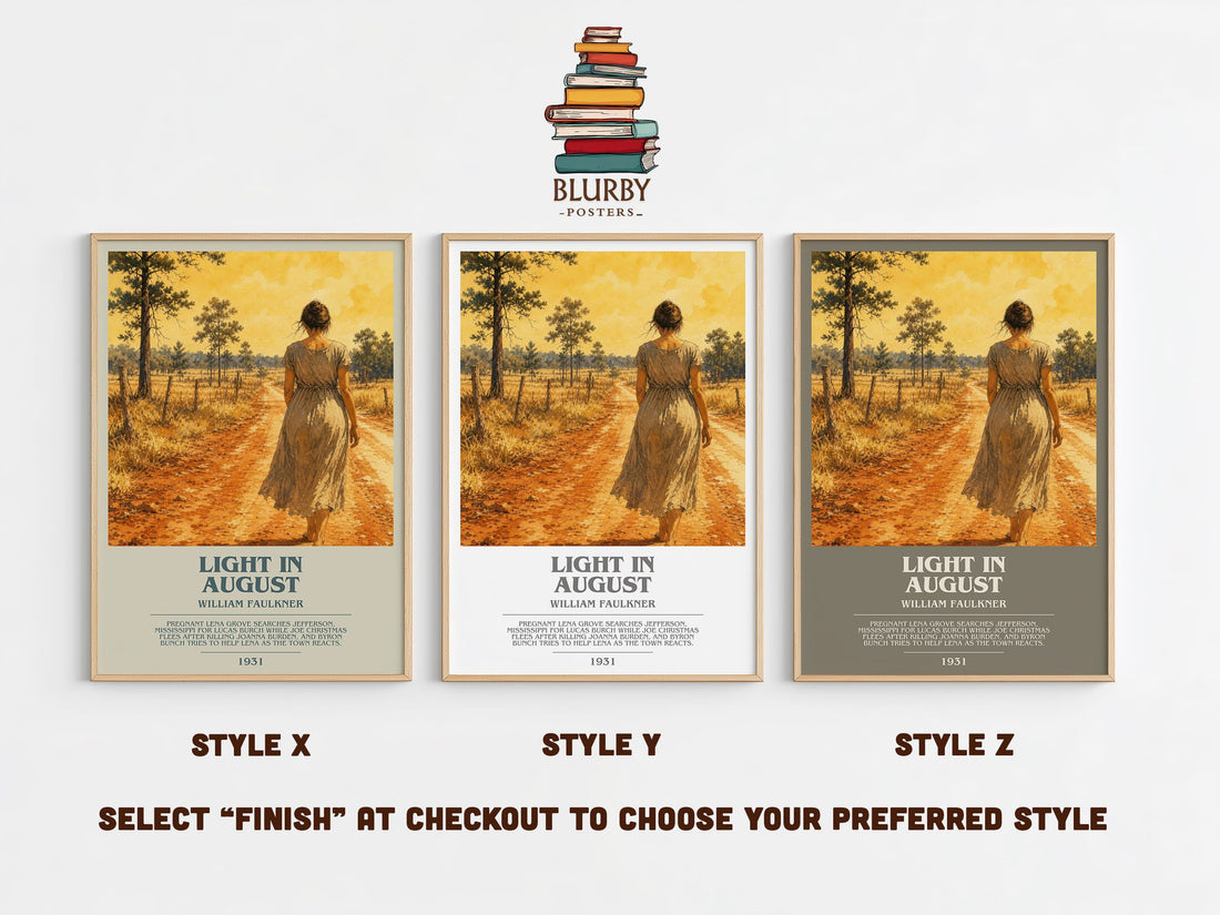 Light in August bookish print in frame leaning in hallway – literary fiction wall art (mockup)
