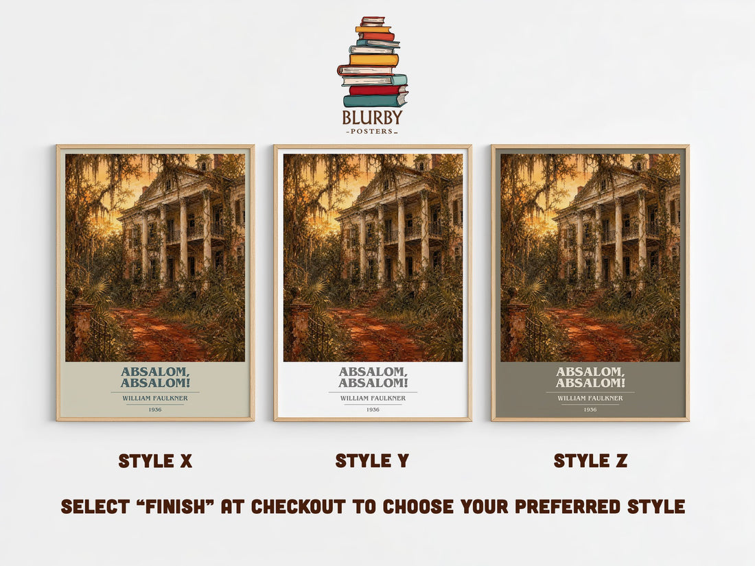 Absalom, Absalom! book cover print in frame leaning in hallway – gothic wall art (mockup)