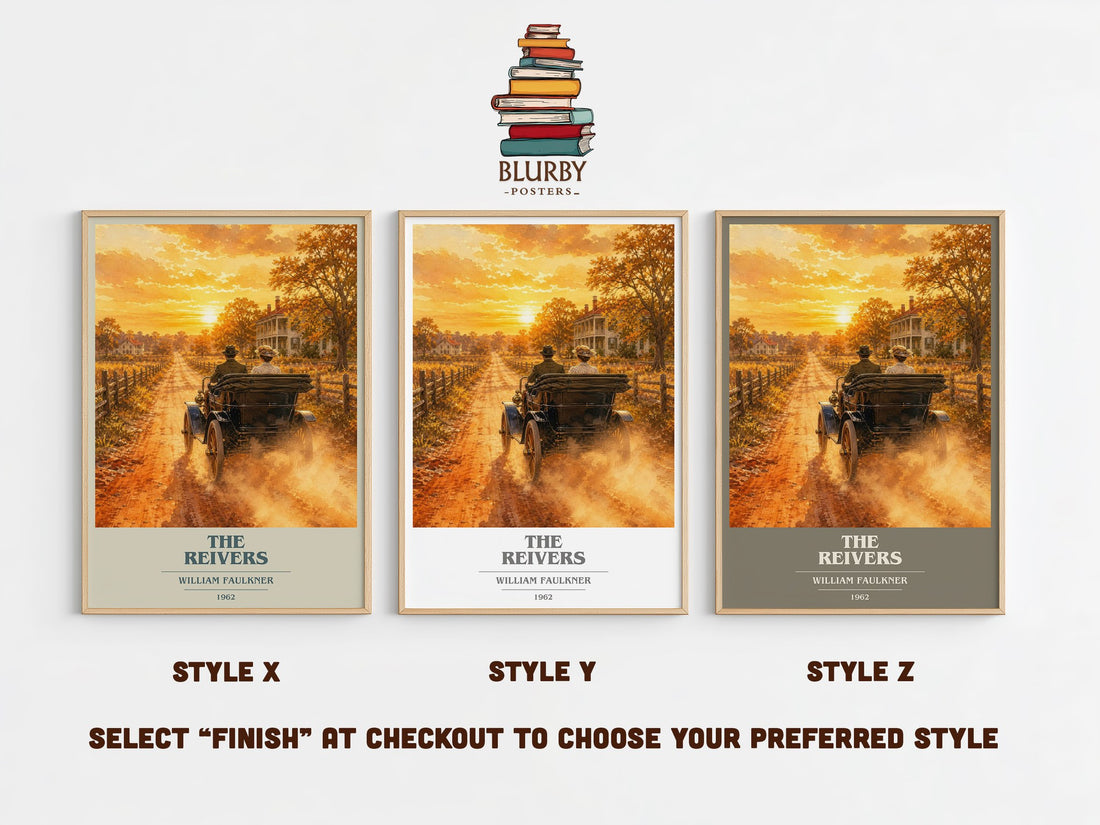 The Reivers book cover print in frame leaning in hallway – literary fiction wall art (mockup)