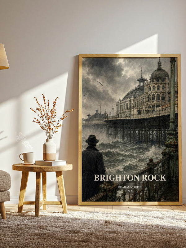Brighton Rock watercolour print in frame leaning in hallway – crime wall art