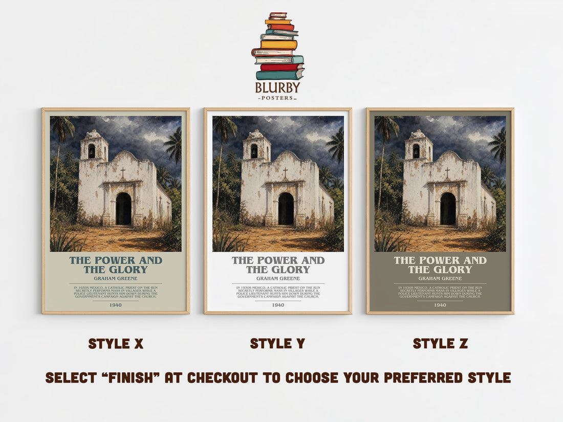 The Power and the Glory bookish print in frame leaning in hallway – literary fiction wall art (mockup)