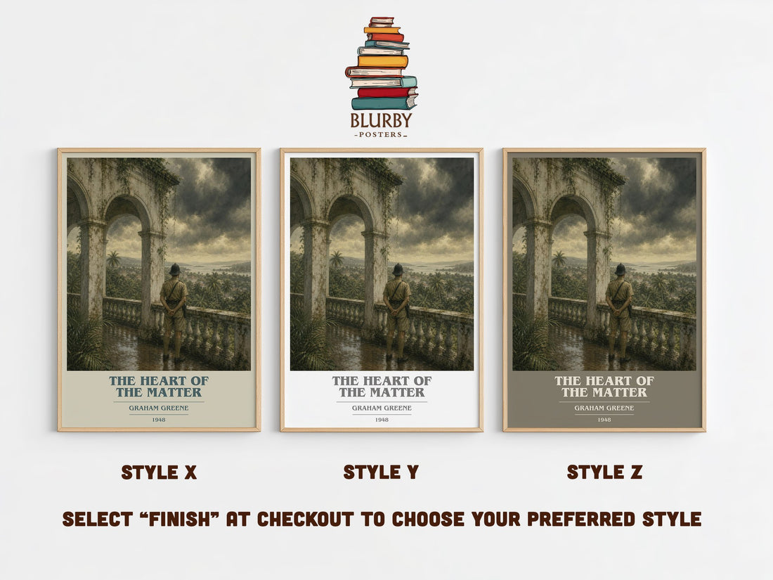 The Heart of the Matter book cover print in frame leaning in hallway – literary fiction wall art (mockup)