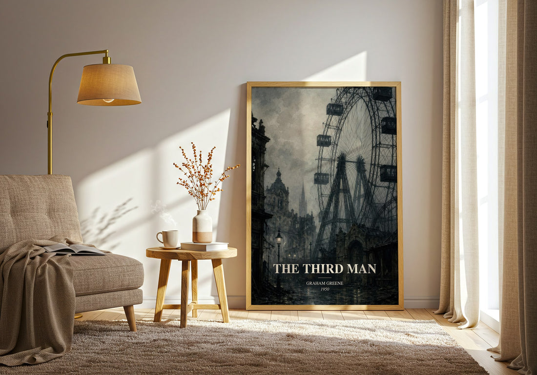 The Third Man watercolour print in frame leaning in hallway – thriller wall art (mockup)