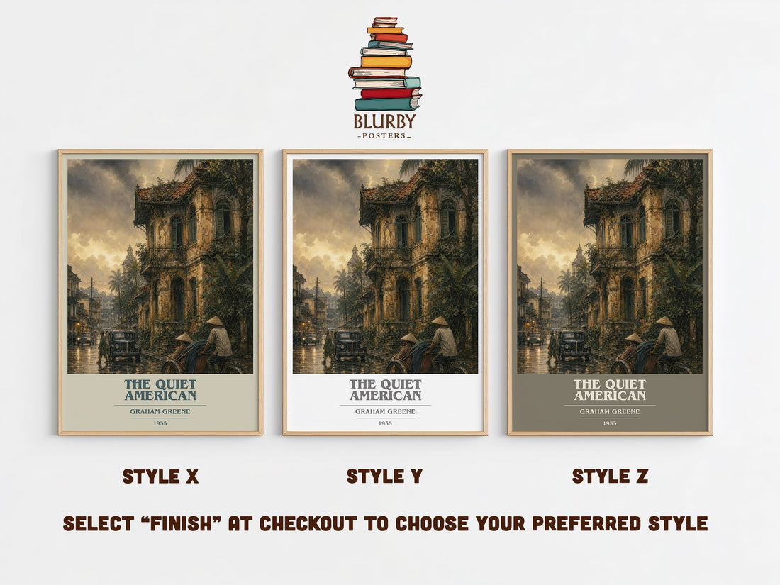 The Quiet American book cover print in frame leaning in hallway – literary fiction wall art (mockup)