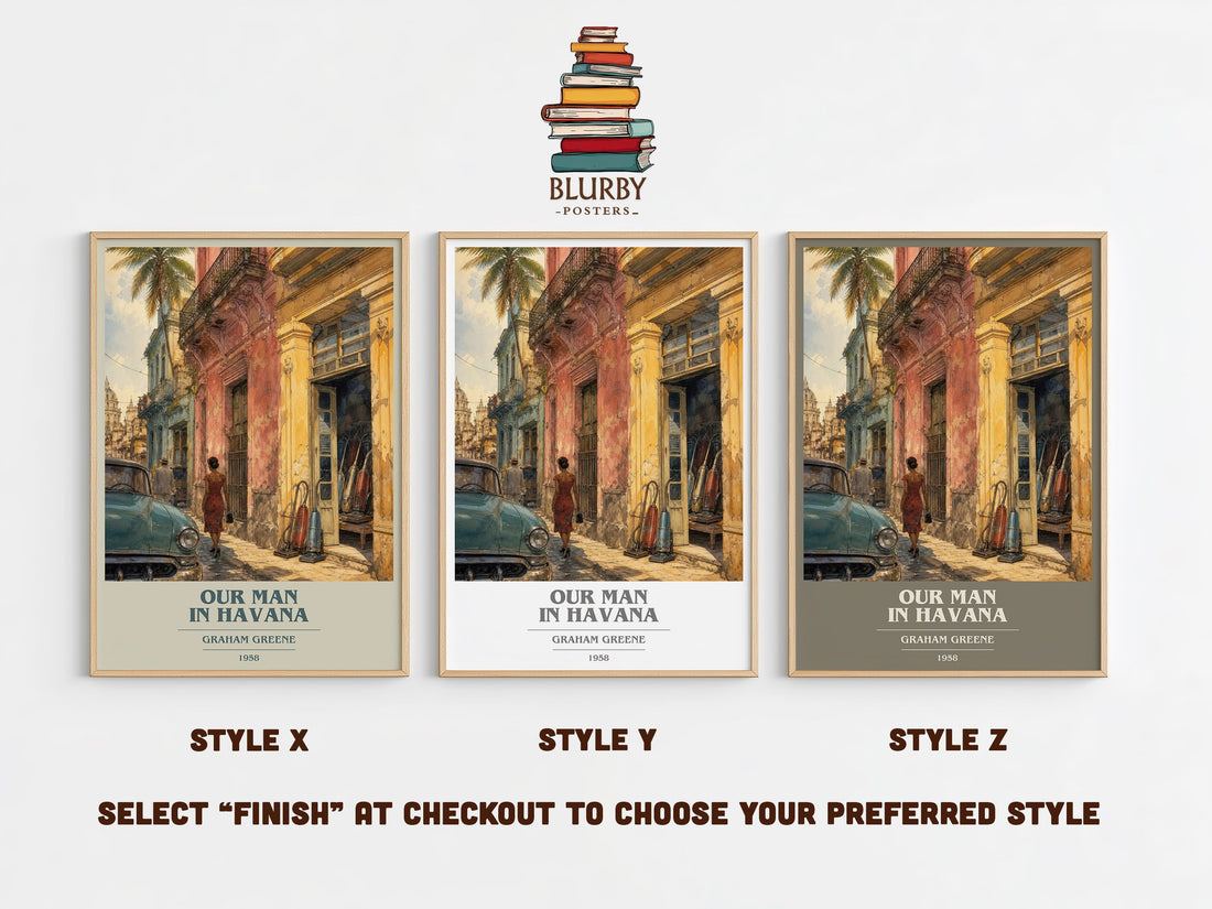 Our Man in Havana book cover print in frame leaning in hallway – satire wall art (mockup)