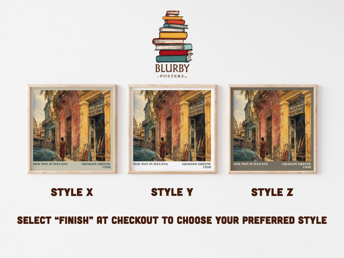 Our Man in Havana literary print in frame leaning in hallway – satire wall art (mockup)
