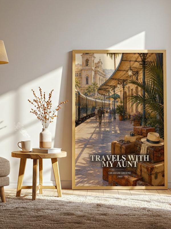 Travels with My Aunt watercolour print in frame leaning in hallway – literary fiction wall art
