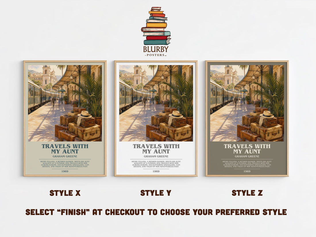 Travels with My Aunt bookish print in frame leaning in hallway – literary fiction wall art (mockup)