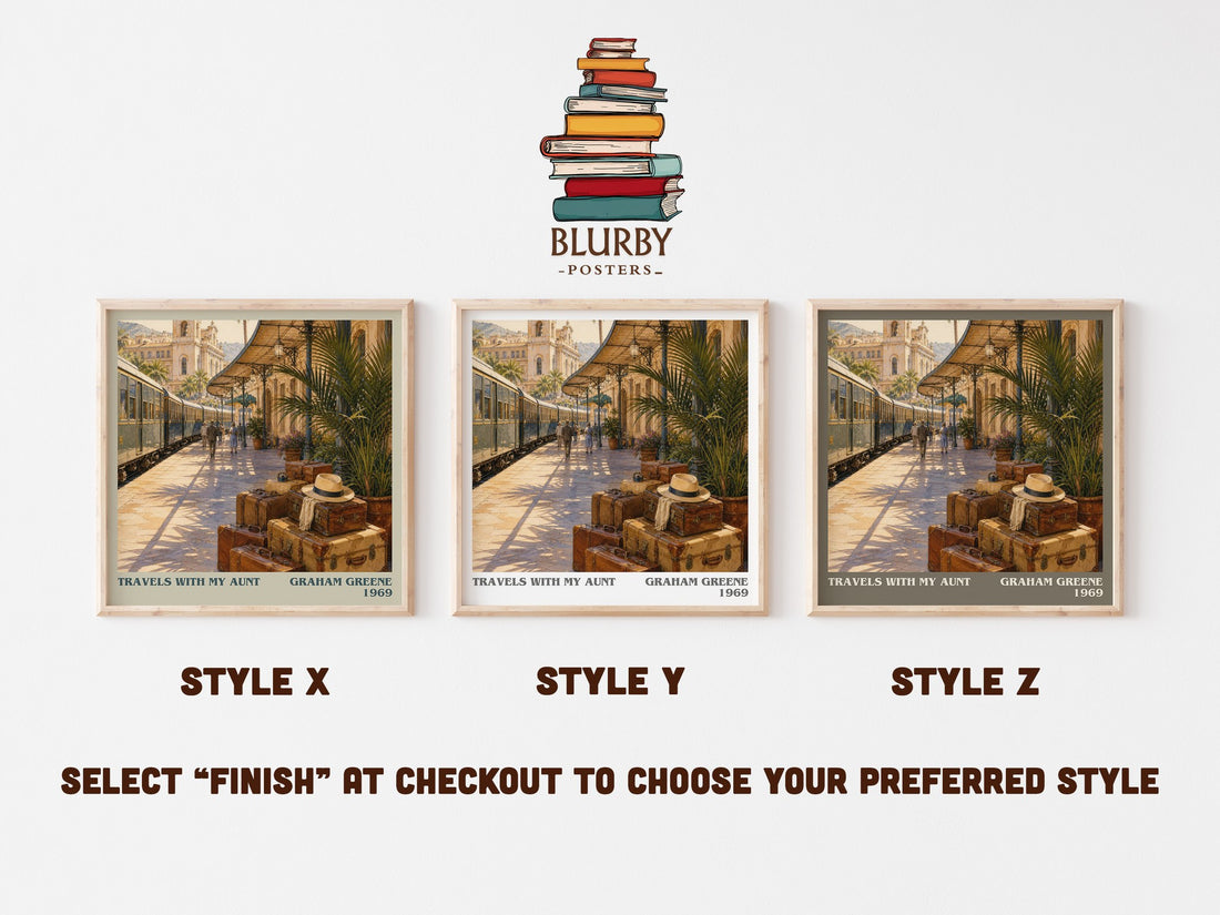 Travels with My Aunt literary print in frame leaning in hallway – literary fiction wall art (mockup)