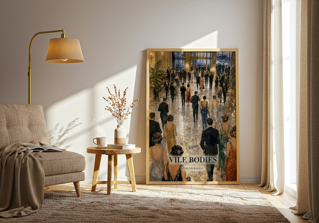 Vile Bodies watercolour print in frame leaning in hallway – satire wall art (mockup)