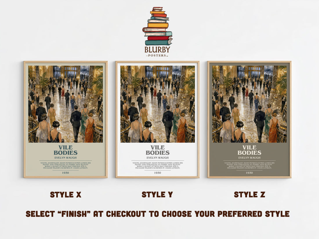 Vile Bodies bookish print in frame leaning in hallway – satire wall art (mockup)