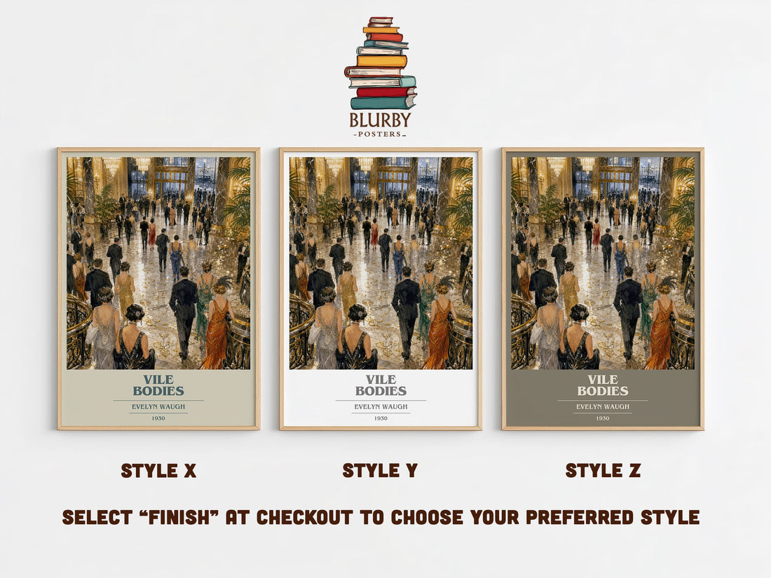 Vile Bodies book cover print in frame leaning in hallway – satire wall art (mockup)