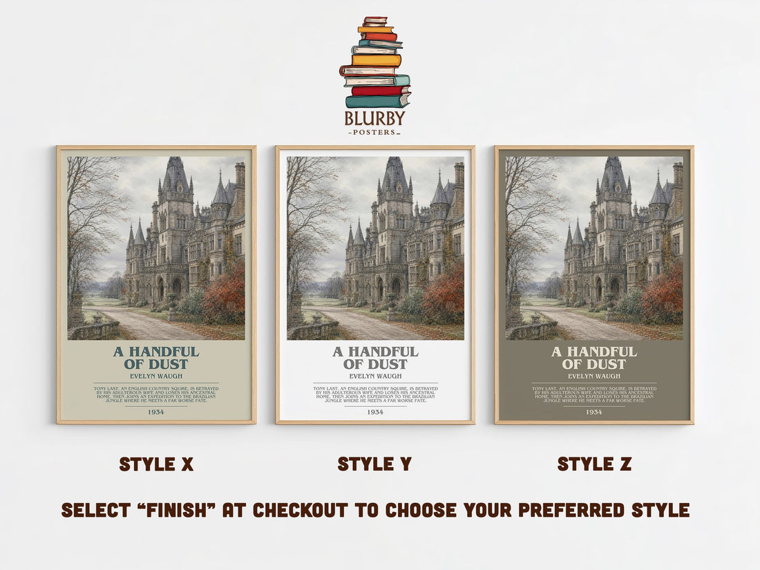 A Handful of Dust bookish print in frame leaning in hallway – satire wall art (mockup)