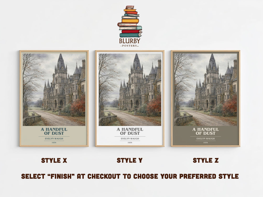 A Handful of Dust book cover print in frame leaning in hallway – satire wall art (mockup)