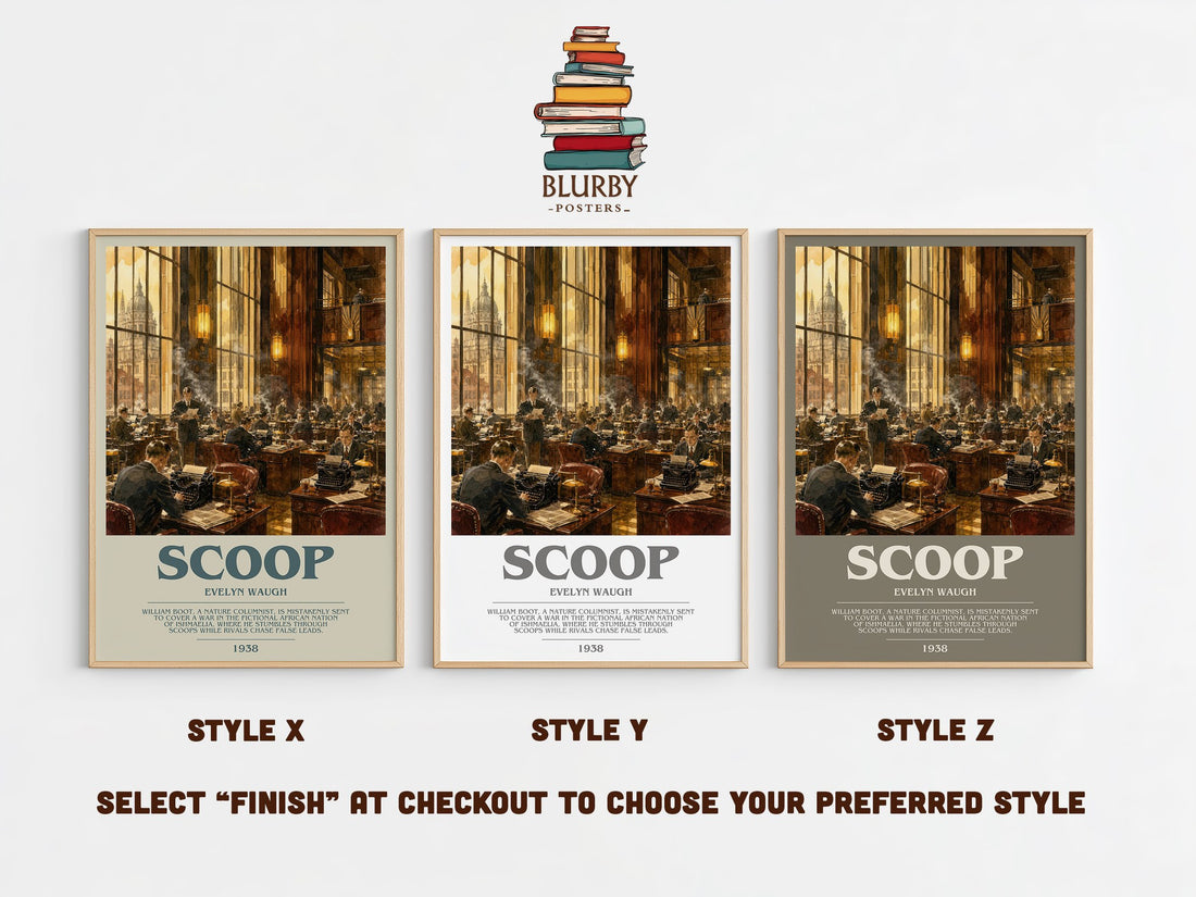 Scoop bookish print in frame leaning in hallway – satire wall art (mockup)