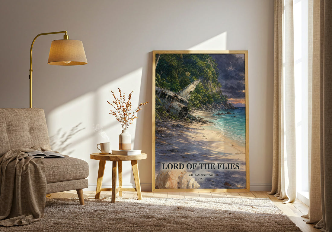 Lord of the Flies watercolour print in frame leaning in hallway – classic literature wall art (mockup)