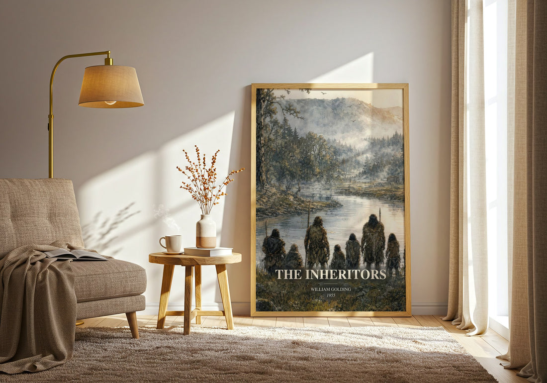 The Inheritors watercolour print in frame leaning in hallway – literary fiction wall art (mockup)