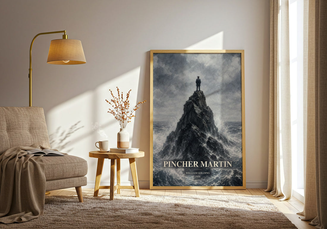 Pincher Martin watercolour print in frame leaning in hallway – literary fiction wall art (mockup)