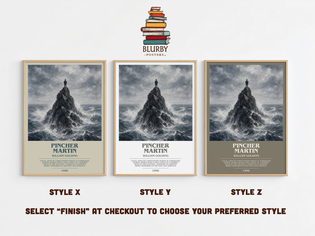 Pincher Martin bookish print in frame leaning in hallway – literary fiction wall art (mockup)
