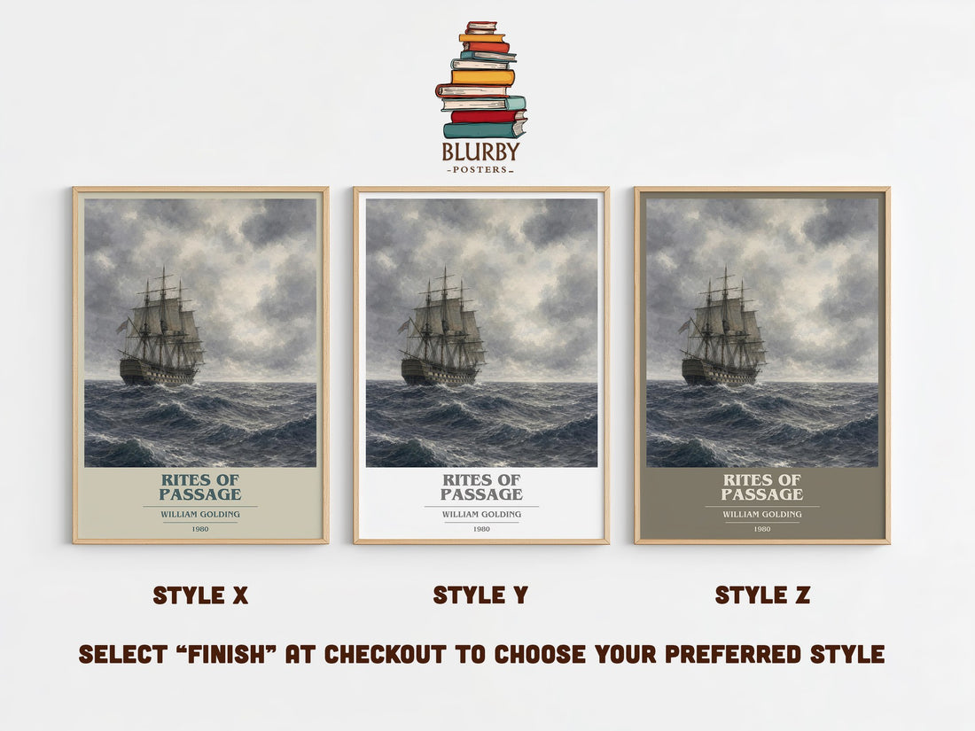 Rites of Passage book cover print in frame leaning in hallway – literary fiction wall art (mockup)