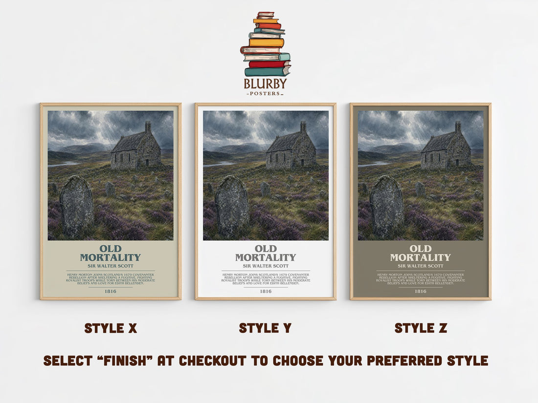 Old Mortality bookish print in frame leaning in hallway – historical fiction wall art (mockup)