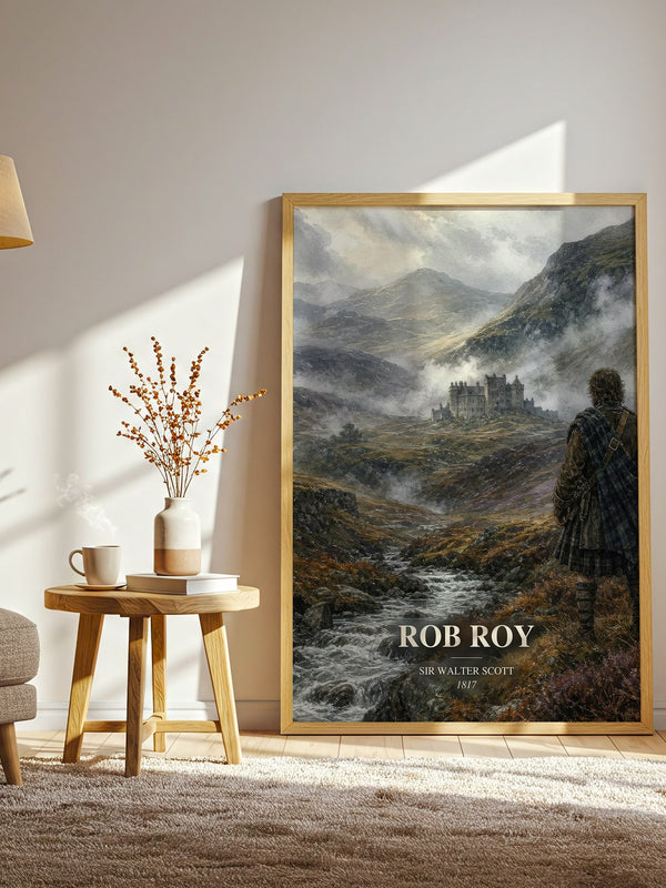Rob Roy watercolour print in frame leaning in hallway – historical fiction wall art
