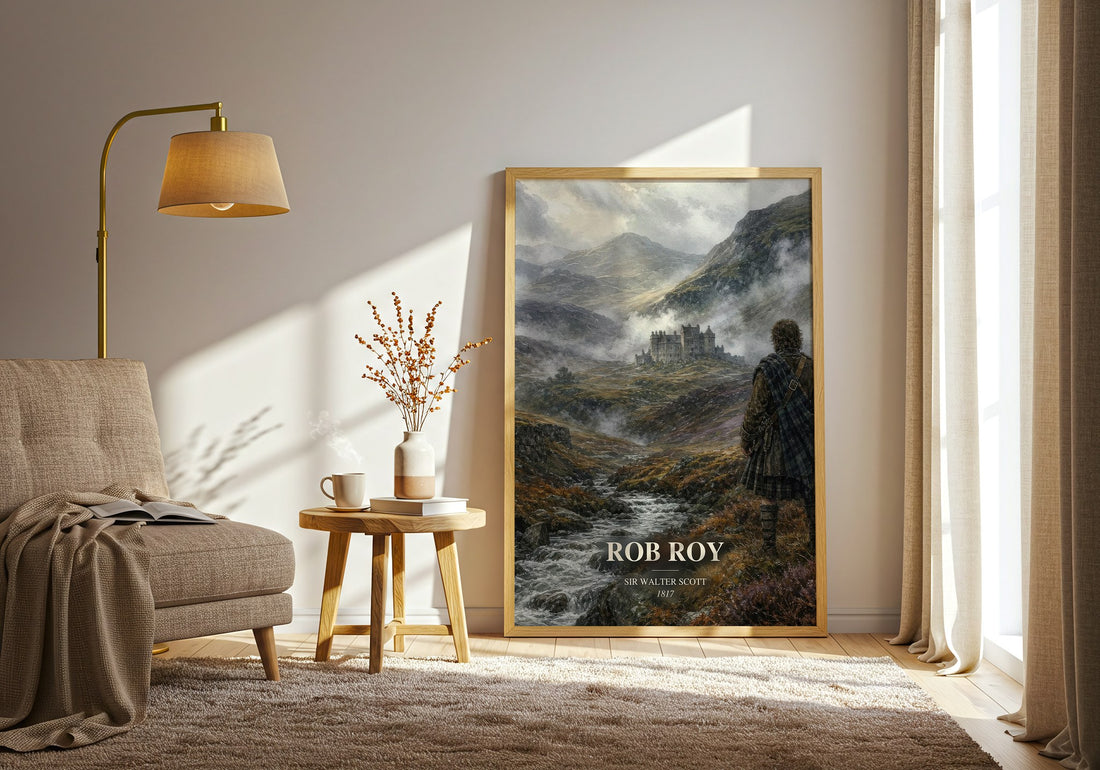 Rob Roy watercolour print in frame leaning in hallway – historical fiction wall art (mockup)