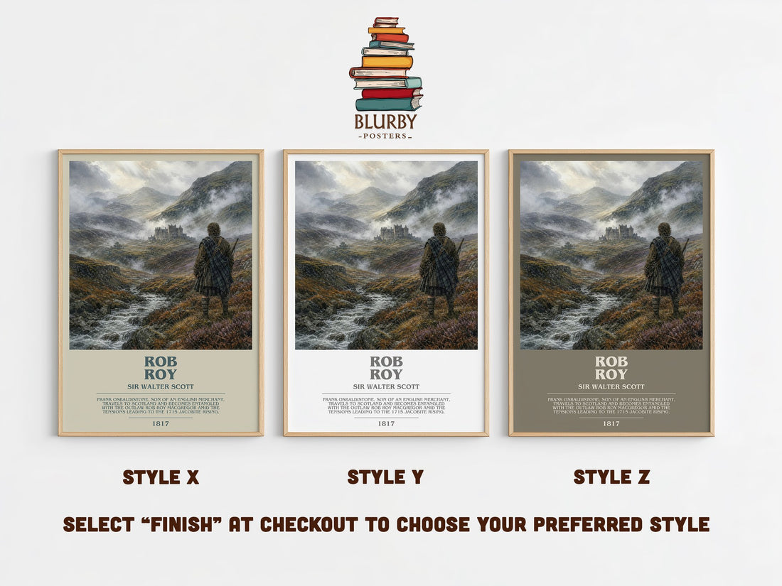Rob Roy bookish print in frame leaning in hallway – historical fiction wall art (mockup)