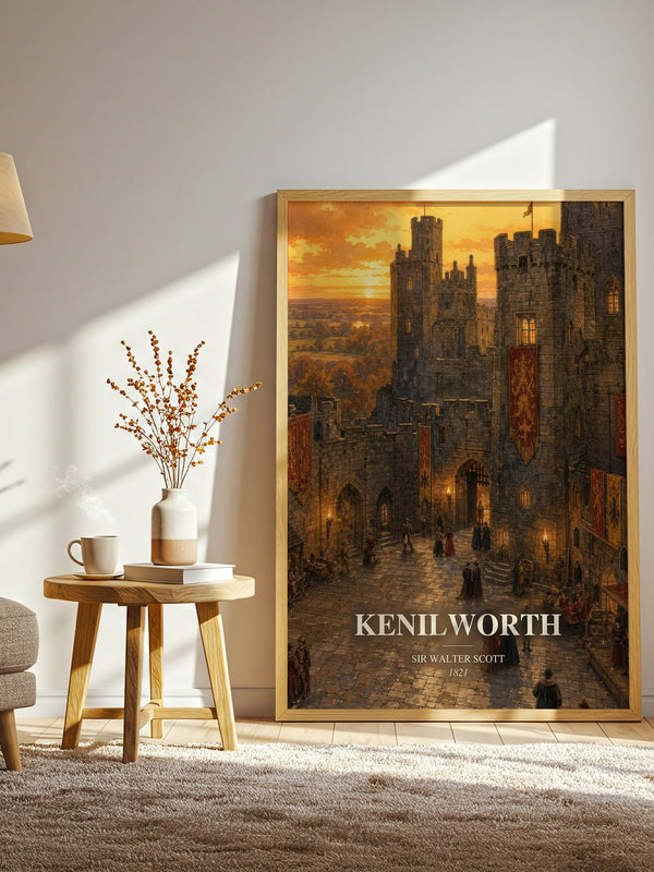 Kenilworth watercolour print in frame leaning in hallway – historical fiction wall art
