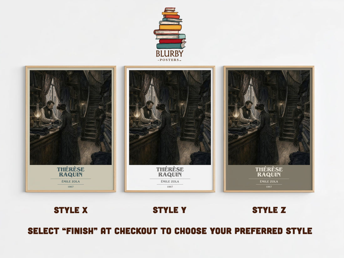 Thérèse Raquin book cover print in frame leaning in hallway – classic literature wall art (mockup)