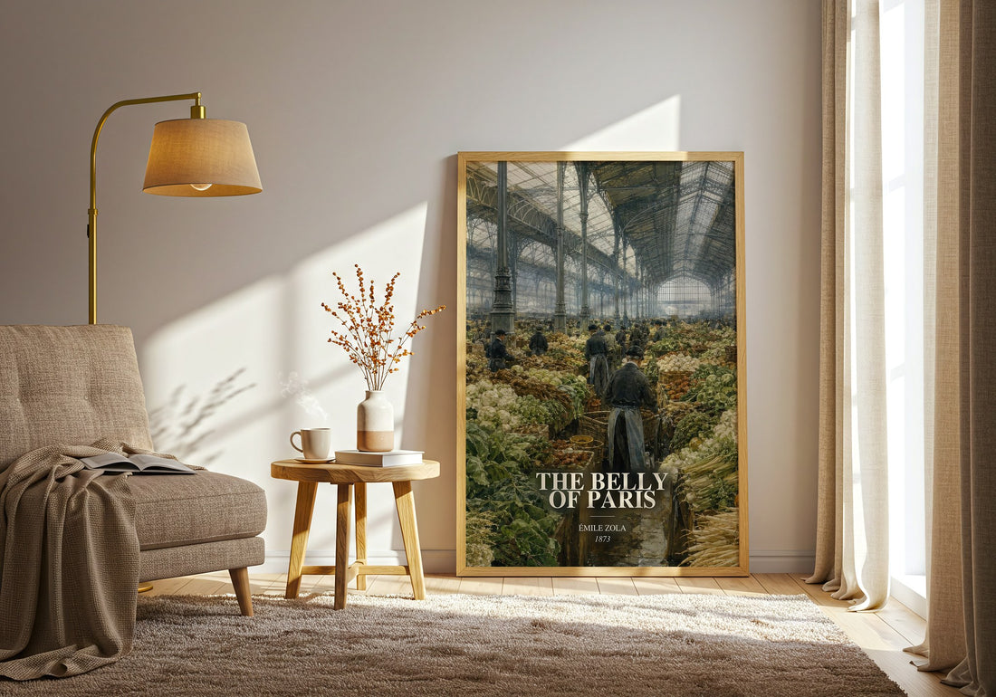 The Belly of Paris watercolour print in frame leaning in hallway – literary fiction wall art (mockup)