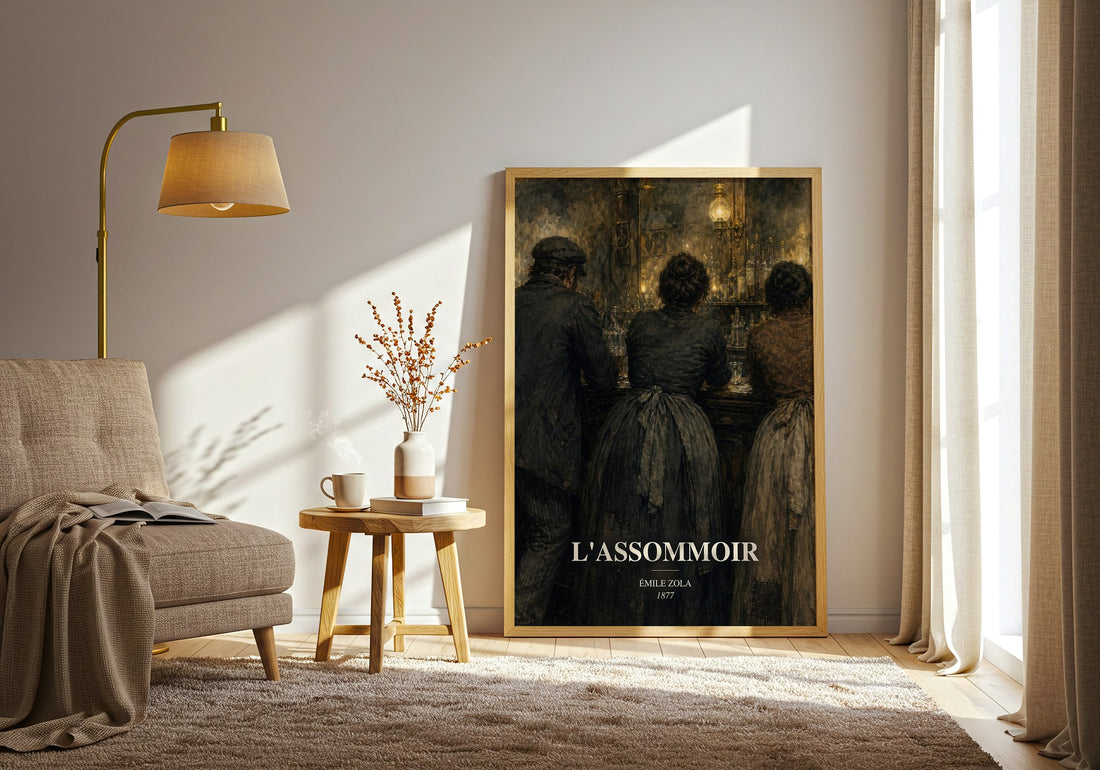 L'Assommoir watercolour print in frame leaning in hallway – classic literature wall art (mockup)