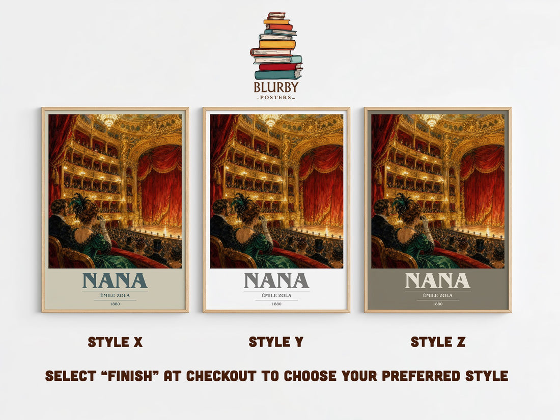Nana book cover print in frame leaning in hallway – classic literature wall art (mockup)