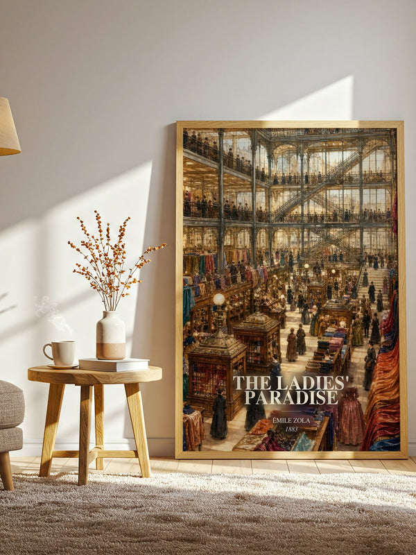 The Ladies' Paradise watercolour print in frame leaning in hallway – classic literature wall art