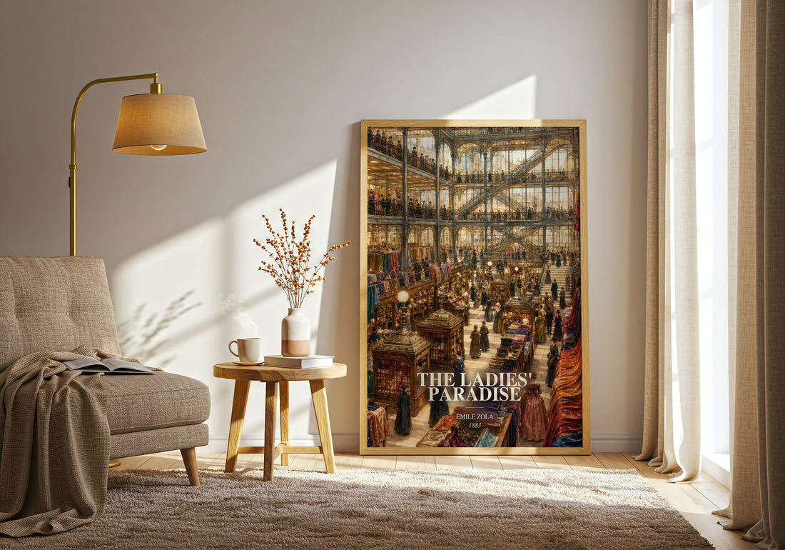 The Ladies' Paradise watercolour print in frame leaning in hallway – classic literature wall art (mockup)