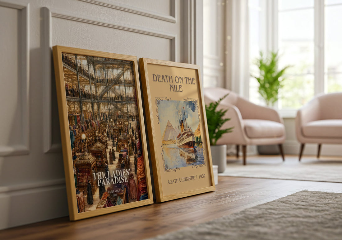 The Ladies' Paradise watercolour print framed by window – literary home decor