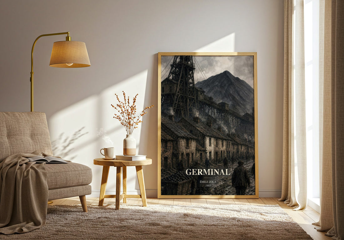 Germinal watercolour print in frame leaning in hallway – classic literature wall art (mockup)