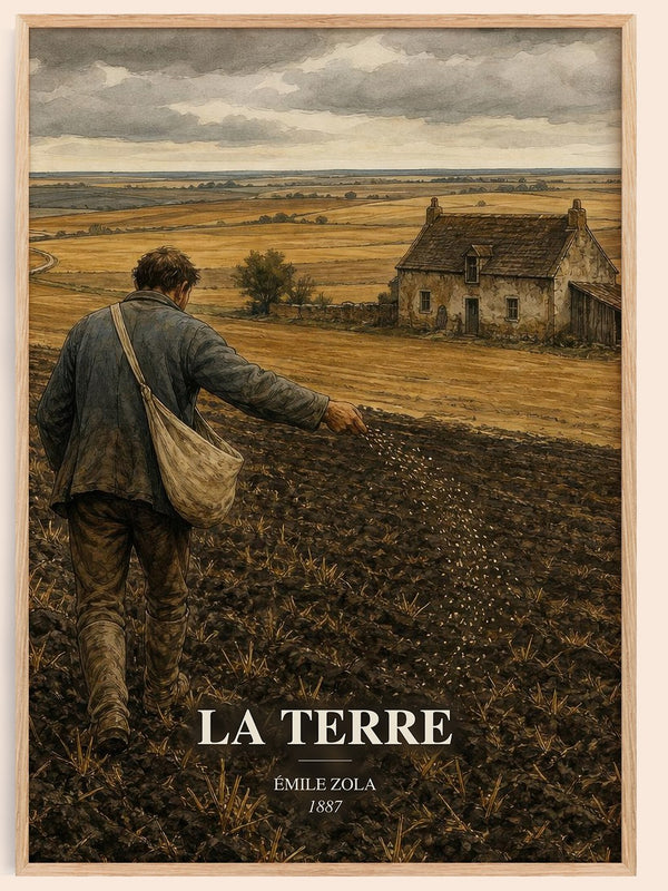 La Terre watercolour book poster by Émile Zola – framed literary art print
