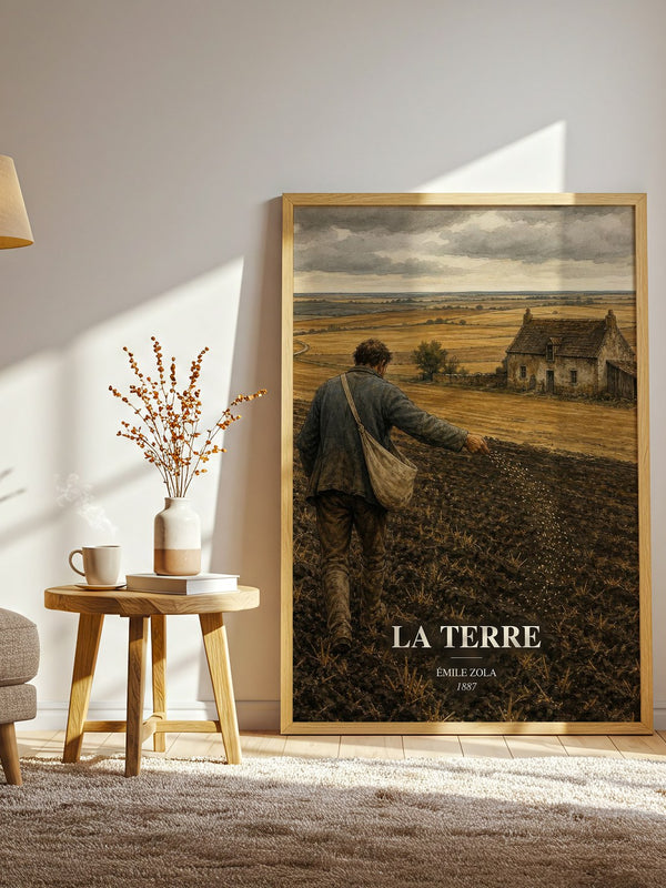 La Terre watercolour print in frame leaning in hallway – literary fiction wall art
