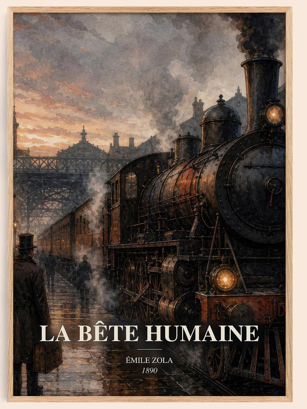 La Bête Humaine watercolour book poster by Émile Zola – framed literary art print
